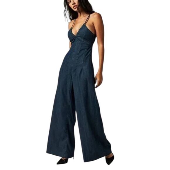 Free People CRVY Soul Ties One-Piece Denim Jumpsuit In Blues Traveler Size L - Picture 1 of 6